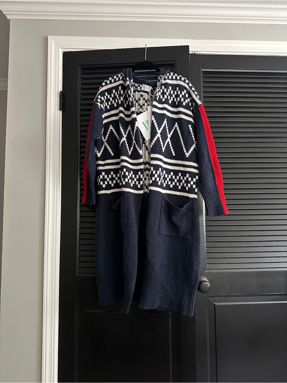 Navy Knit Long Cardigan with White Fair Isle Pattern